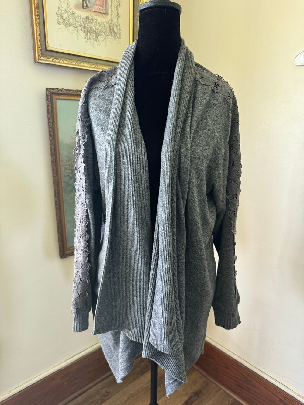 Democracy Gray Lace Sleeve Open Front Cardigan Sweater 1X